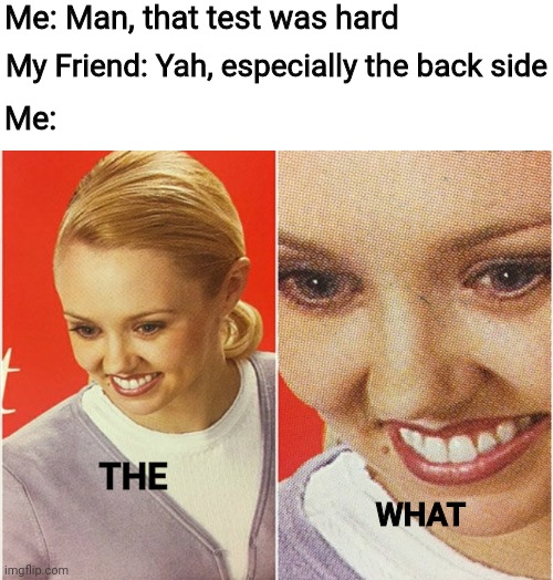 The What? | Me: Man, that test was hard; My Friend: Yah, especially the back side; Me:; THE; WHAT | image tagged in wait what | made w/ Imgflip meme maker