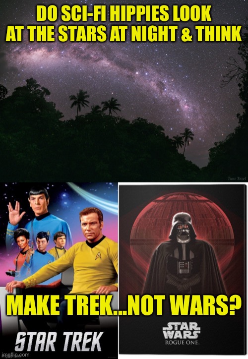 Only Room in the Universe for One Franchise? | DO SCI-FI HIPPIES LOOK AT THE STARS AT NIGHT & THINK; MAKE TREK...NOT WARS? | image tagged in scifi,stars,hippies,star trek,star wars | made w/ Imgflip meme maker