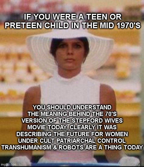 The 70s Stepford Wives Movie | IF YOU WERE A TEEN OR PRETEEN CHILD IN THE MID 1970'S; YOU SHOULD UNDERSTAND THE MEANING BEHIND THE 70'S VERSION OF THE STEPFORD WIVES MOVIE TODAY, CLEARLY IT WAS DESCRIBING THE FUTURE FOR WOMEN UNDER CULT PATRIARCHAL CONTROL TRANSHUMANISM & ROBOTS ARE A THING TODAY | image tagged in stepford wife 1,admit it,stranger things,terminator robot t-800 | made w/ Imgflip meme maker