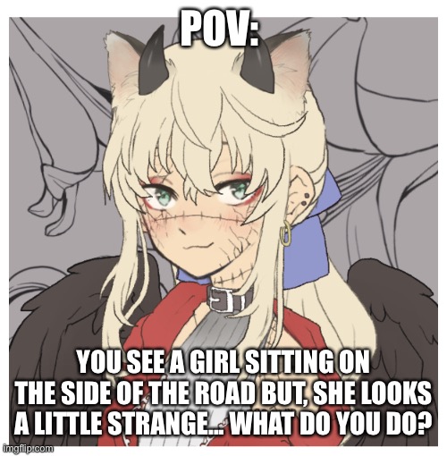 POV:; YOU SEE A GIRL SITTING ON THE SIDE OF THE ROAD BUT, SHE LOOKS A LITTLE STRANGE... WHAT DO YOU DO? | made w/ Imgflip meme maker