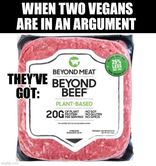 You got beef? Nah, I've got... | WHEN TWO VEGANS ARE IN AN ARGUMENT; THEY’VE GOT: | image tagged in funny,bad pun | made w/ Imgflip meme maker