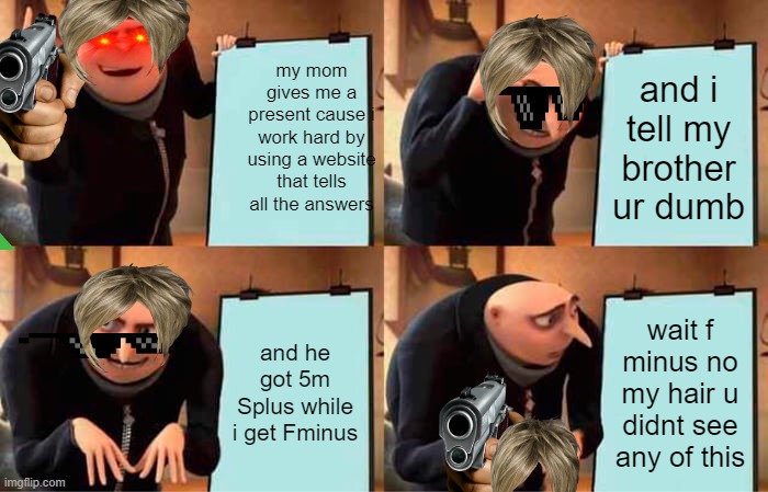 ways to get a s plus | my mom gives me a present cause i work hard by using a website that tells all the answers; and i tell my brother ur dumb; and he got 5m Splus while i get Fminus; wait f minus no my hair u didnt see any of this | image tagged in memes,gru's plan | made w/ Imgflip meme maker