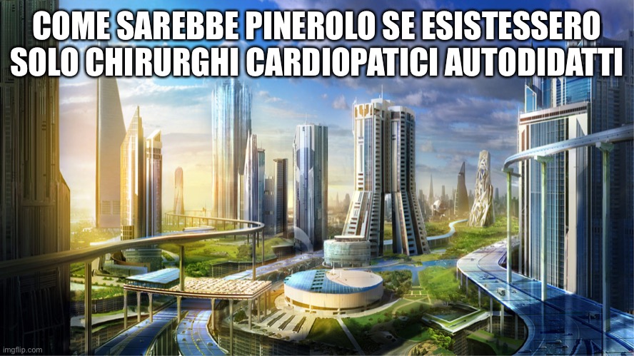 Futuristic city | COME SAREBBE PINEROLO SE ESISTESSERO SOLO CHIRURGHI CARDIOPATICI AUTODIDATTI | image tagged in futuristic city,enkk | made w/ Imgflip meme maker