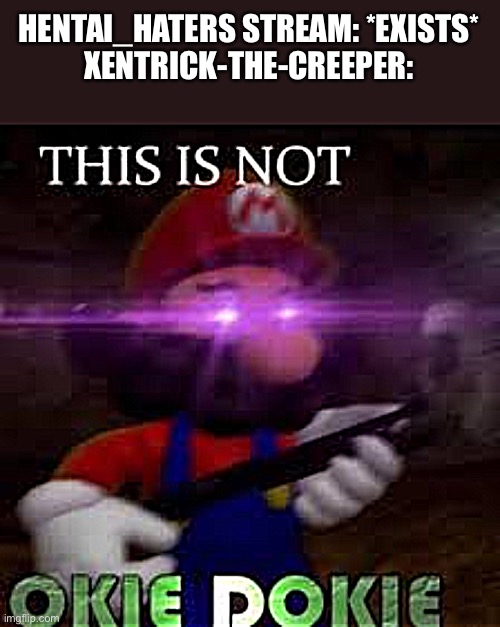 The hentai haters needs to kill Xentrick the creeper | HENTAI_HATERS STREAM: *EXISTS*
XENTRICK-THE-CREEPER: | image tagged in this is not okie dokie,xentrick-the-creeper,hentai_haters | made w/ Imgflip meme maker