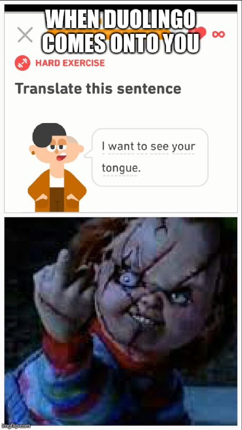 Chucky Duolingo | image tagged in things duolingo teaches you,chucky | made w/ Imgflip meme maker