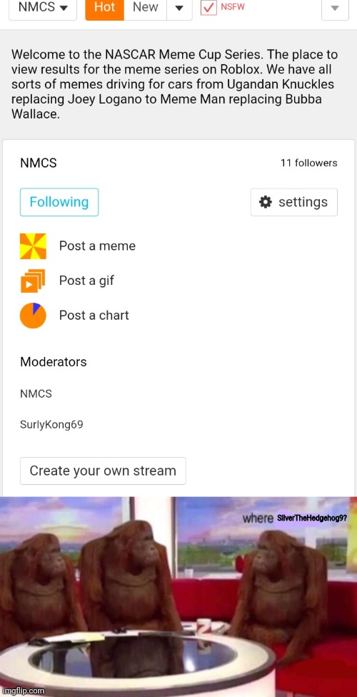 Why does it say Silver is missing from the mods? | SilverTheHedgehog9? | image tagged in where banana blank,silver,memes,nascar,nmcs,confused | made w/ Imgflip meme maker