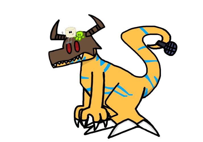 Now they be riding him. | image tagged in ironically the agumon has more detail than greymon | made w/ Imgflip meme maker