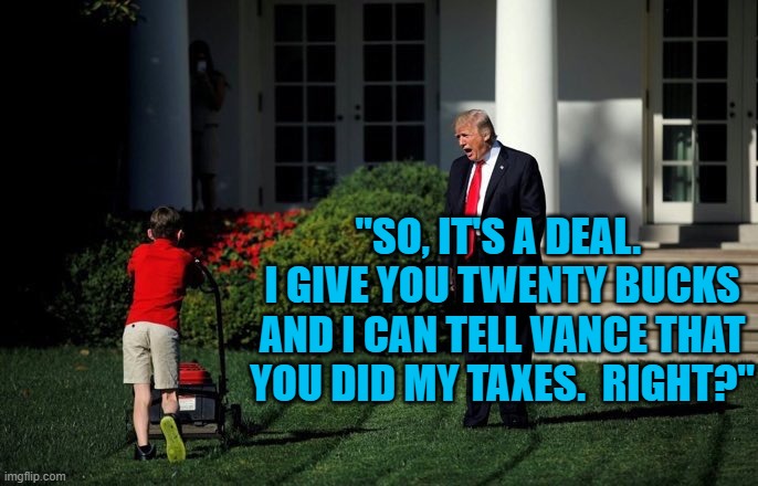 When you run out of people to blame. | "SO, IT'S A DEAL.  I GIVE YOU TWENTY BUCKS AND I CAN TELL VANCE THAT YOU DID MY TAXES.  RIGHT?" | image tagged in politics | made w/ Imgflip meme maker