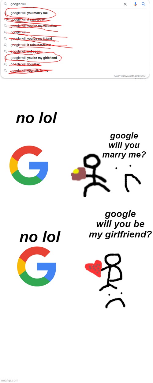 When google fangirls want to marry google: | no lol; google will you marry me? no lol; google will you be my girlfriend? | image tagged in memes,blank transparent square,blank white template | made w/ Imgflip meme maker