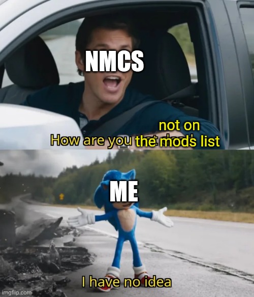 Sonic I have no idea | NMCS ME not on the mods list | image tagged in sonic i have no idea | made w/ Imgflip meme maker