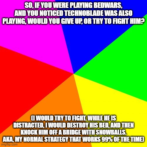 have a good summer guys! | SO, IF YOU WERE PLAYING BEDWARS, AND YOU NOTICED TECHNOBLADE WAS ALSO PLAYING, WOULD YOU GIVE UP, OR TRY TO FIGHT HIM? (I WOULD TRY TO FIGHT. WHILE HE IS DISTRACTED, I WOULD DESTROY HIS BED, AND THEN KNOCK HIM OFF A BRIDGE WITH SNOWBALLS. AKA, MY NORMAL STRATEGY THAT WORKS 99% OF THE TIME) | image tagged in memes,blank colored background | made w/ Imgflip meme maker