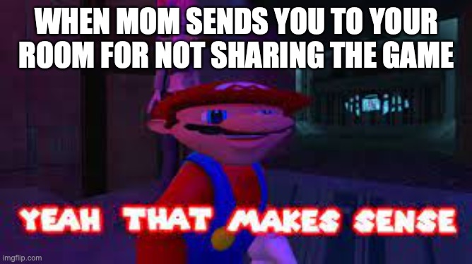 yeah that makes sense | WHEN MOM SENDS YOU TO YOUR ROOM FOR NOT SHARING THE GAME | image tagged in yeah that makes sense | made w/ Imgflip meme maker