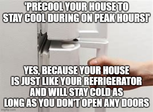'PRECOOL YOUR HOUSE TO STAY COOL DURING ON PEAK HOURS!'; YES, BECAUSE YOUR HOUSE IS JUST LIKE YOUR REFRIGERATOR AND WILL STAY COLD AS LONG AS YOU DON'T OPEN ANY DOORS | image tagged in refrigerator,heatwave | made w/ Imgflip meme maker