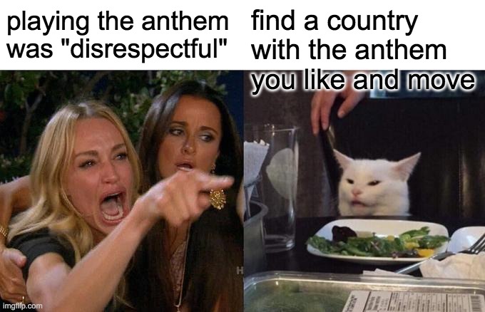 Woman Yelling At Cat Meme | playing the anthem was "disrespectful" find a country with the anthem you like and move | image tagged in memes,woman yelling at cat | made w/ Imgflip meme maker