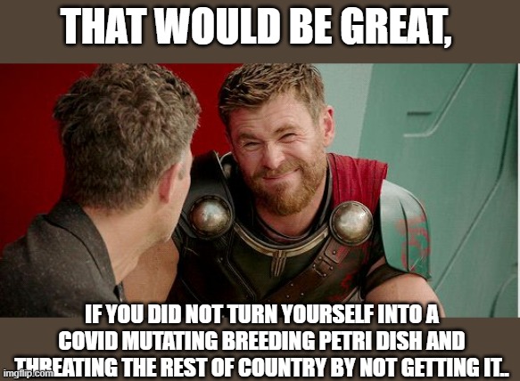 Thor is he though | THAT WOULD BE GREAT, IF YOU DID NOT TURN YOURSELF INTO A COVID MUTATING BREEDING PETRI DISH AND THREATING THE REST OF COUNTRY BY NOT GETTING | image tagged in thor is he though | made w/ Imgflip meme maker