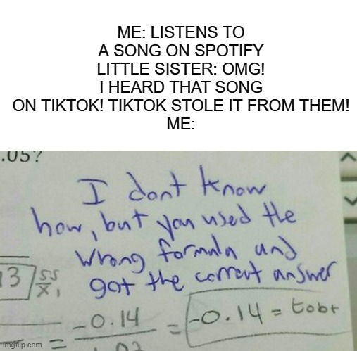Jason's fresh daily memes #6.5 |  ME: LISTENS TO A SONG ON SPOTIFY
LITTLE SISTER: OMG! I HEARD THAT SONG ON TIKTOK! TIKTOK STOLE IT FROM THEM!
ME: | image tagged in i don't know how but,you used the wrong formula,and got the correct answer,dank meme | made w/ Imgflip meme maker