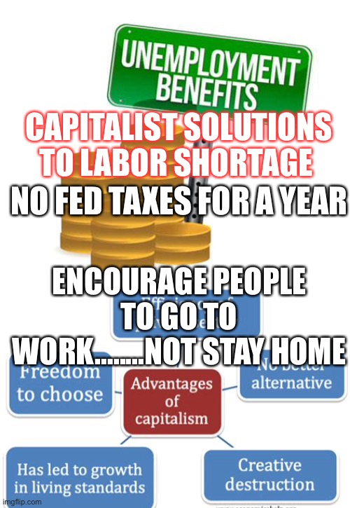 Solution, no Fed Taxes for restaurants and fast food, small business employees. | CAPITALIST SOLUTIONS TO LABOR SHORTAGE; NO FED TAXES FOR A YEAR; ENCOURAGE PEOPLE TO GO TO WORK........NOT STAY HOME | image tagged in unemployment,socialism,capitalism,solutions,taxes | made w/ Imgflip meme maker