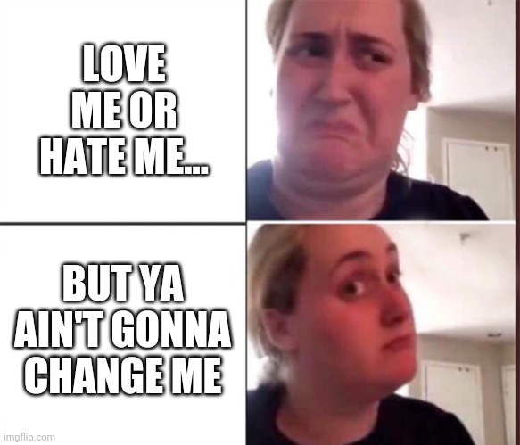 Kombucha Girl | LOVE ME OR HATE ME... BUT YA AIN'T GONNA CHANGE ME | image tagged in kombucha girl | made w/ Imgflip meme maker