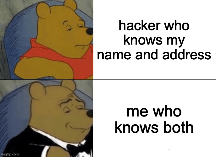 Tuxedo Winnie The Pooh Meme |  hacker who knows my name and address; me who knows both | image tagged in memes,tuxedo winnie the pooh,lol so funny,lol | made w/ Imgflip meme maker