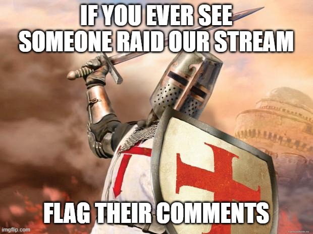 crusader | IF YOU EVER SEE SOMEONE RAID OUR STREAM; FLAG THEIR COMMENTS | image tagged in crusader | made w/ Imgflip meme maker