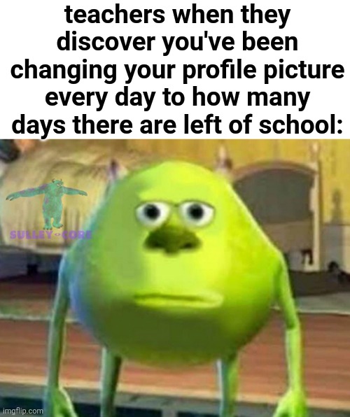 This actually happened lol | teachers when they discover you've been changing your profile picture every day to how many days there are left of school: | image tagged in monsters inc,funny,teachers,students,school,profile picture | made w/ Imgflip meme maker