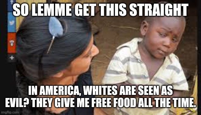 SO LEMME GET THIS STRAIGHT; IN AMERICA, WHITES ARE SEEN AS EVIL? THEY GIVE ME FREE FOOD ALL THE TIME. | made w/ Imgflip meme maker