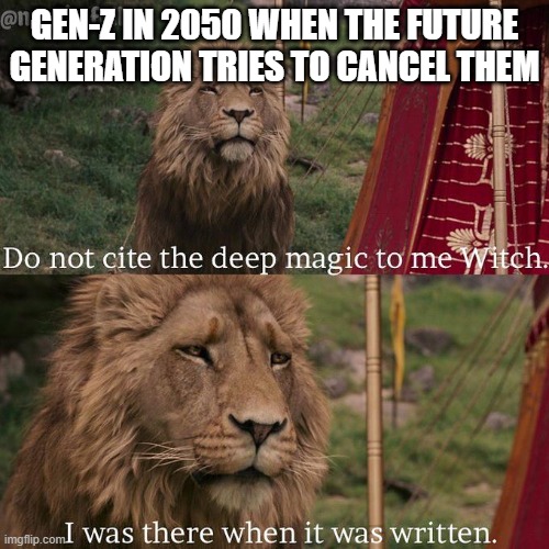 Do not cite the deep magic to me witch | GEN-Z IN 2050 WHEN THE FUTURE GENERATION TRIES TO CANCEL THEM | image tagged in do not cite the deep magic to me witch | made w/ Imgflip meme maker