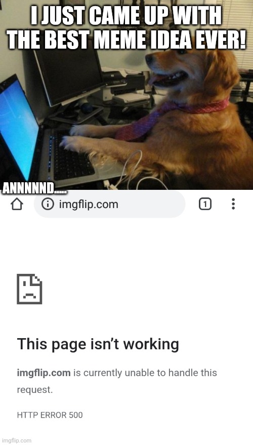 I JUST CAME UP WITH THE BEST MEME IDEA EVER! ANNNNND..... | image tagged in dog behind a computer | made w/ Imgflip meme maker