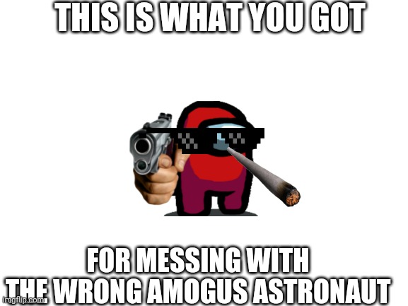 Amgus | THIS IS WHAT YOU GOT; FOR MESSING WITH THE WRONG AMOGUS ASTRONAUT | image tagged in blank white template | made w/ Imgflip meme maker