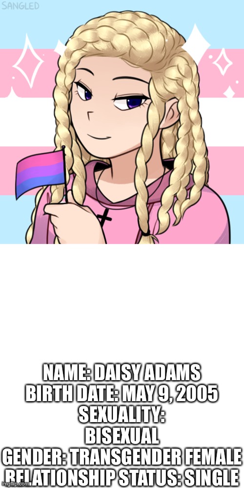 NAME: DAISY ADAMS
BIRTH DATE: MAY 9, 2005
SEXUALITY: BISEXUAL
GENDER: TRANSGENDER FEMALE
RELATIONSHIP STATUS: SINGLE | image tagged in memes,blank transparent square | made w/ Imgflip meme maker