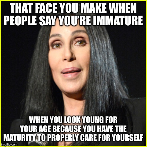 THAT FACE YOU MAKE WHEN PEOPLE SAY YOU’RE IMMATURE; WHEN YOU LOOK YOUNG FOR YOUR AGE BECAUSE YOU HAVE THE MATURITY TO PROPERLY CARE FOR YOURSELF | image tagged in lazy,slobs,old,memes,so true,cher | made w/ Imgflip meme maker