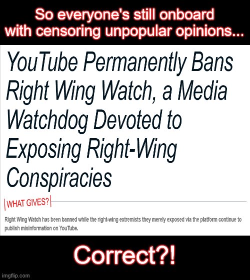 ... And Then They Came For Me | So everyone's still onboard with censoring unpopular opinions... Correct?! | image tagged in memes,youtube,censorship,right wing watch,hypocrisy,private platform | made w/ Imgflip meme maker