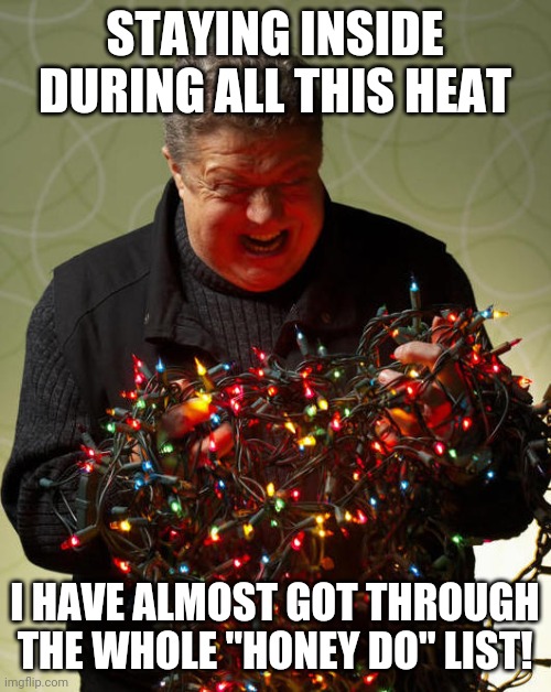 Tangled Christmas Lights | STAYING INSIDE DURING ALL THIS HEAT; I HAVE ALMOST GOT THROUGH THE WHOLE "HONEY DO" LIST! | image tagged in tangled christmas lights | made w/ Imgflip meme maker