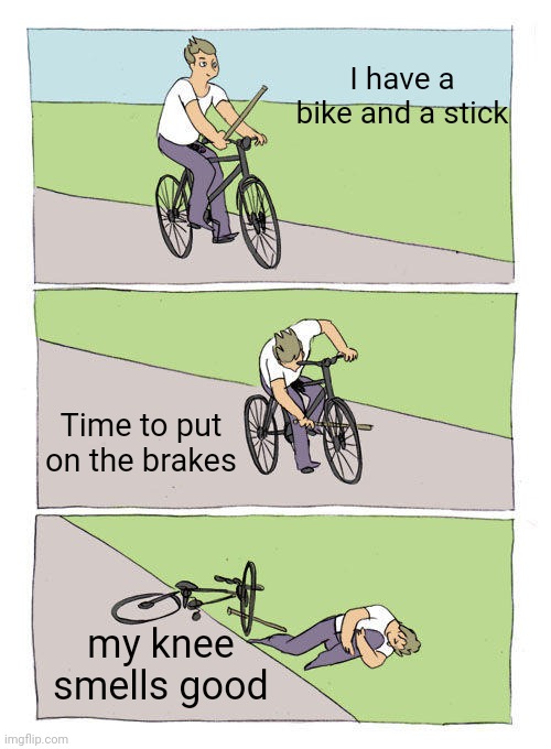 Bike fall | I have a bike and a stick; Time to put on the brakes; my knee smells good | image tagged in memes,bike fall | made w/ Imgflip meme maker