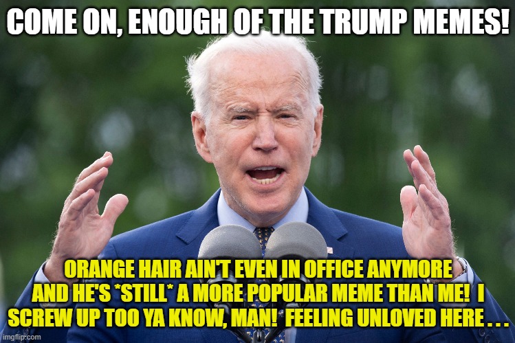 Joe Biden Feels Neglected in the Meme Realm | COME ON, ENOUGH OF THE TRUMP MEMES! ORANGE HAIR AIN'T EVEN IN OFFICE ANYMORE AND HE'S *STILL* A MORE POPULAR MEME THAN ME!  I SCREW UP TOO YA KNOW, MAN!  FEELING UNLOVED HERE . . . | image tagged in joe biden,memes,democrats,liberals,donald trump,unloved | made w/ Imgflip meme maker