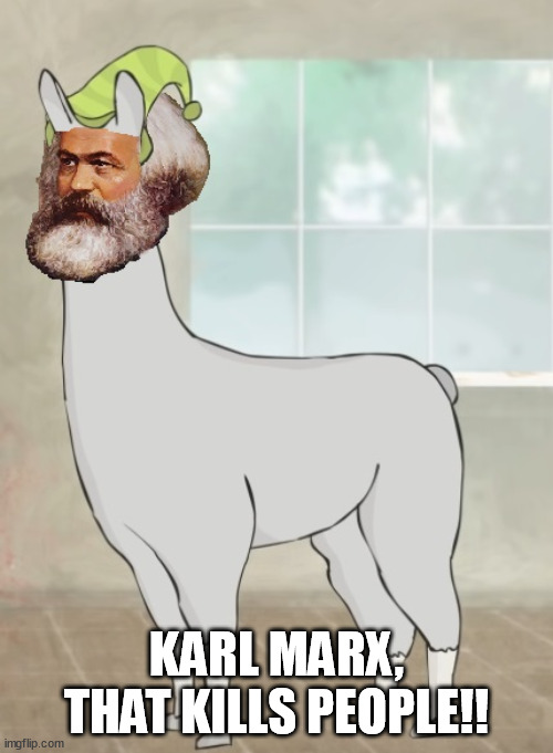 Karl, That kills people | KARL MARX, THAT KILLS PEOPLE!! | image tagged in llamas with hats,llama,llamas,karl marx,karl marx meme,socialism | made w/ Imgflip meme maker