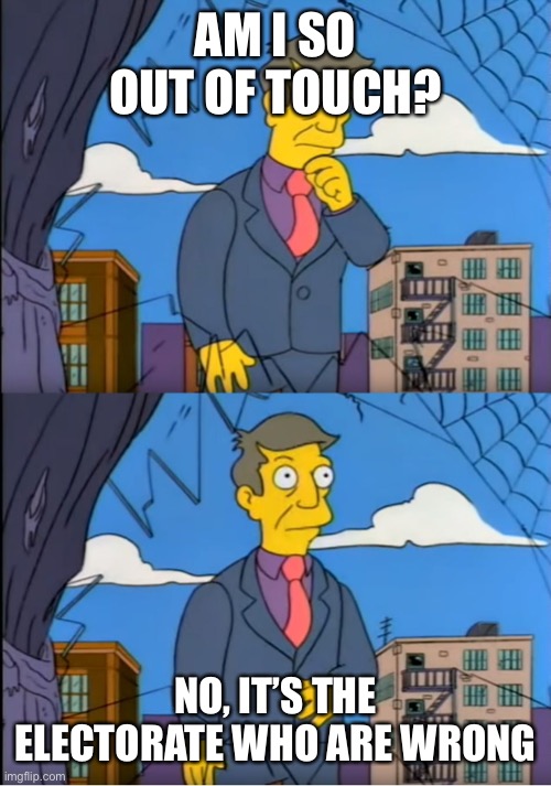 Skinner Out Of Touch | AM I SO OUT OF TOUCH? NO, IT’S THE ELECTORATE WHO ARE WRONG | image tagged in skinner out of touch | made w/ Imgflip meme maker