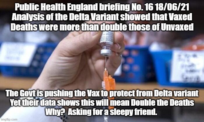 Double Delta Deaths Being Vaxed | Public Health England briefing No. 16 18/06/21
Analysis of the Delta Variant showed that Vaxed
Deaths were more than double those of Unvaxed; The Govt is pushing the Vax to protect from Delta variant
Yet their data shows this will mean Double the Deaths
Why?  Asking for a sleepy friend. | image tagged in covid | made w/ Imgflip meme maker