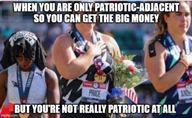 Would you like fries with that | WHEN YOU ARE ONLY PATRIOTIC-ADJACENT
SO YOU CAN GET THE BIG MONEY; BUT YOU'RE NOT REALLY PATRIOTIC AT ALL | image tagged in gwen berry | made w/ Imgflip meme maker