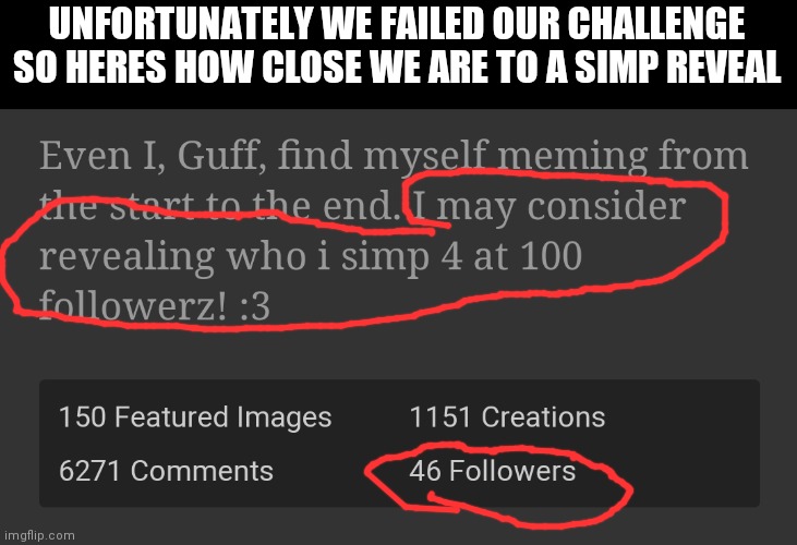 I bet nobody cares XD | UNFORTUNATELY WE FAILED OUR CHALLENGE SO HERES HOW CLOSE WE ARE TO A SIMP REVEAL | image tagged in reveal | made w/ Imgflip meme maker