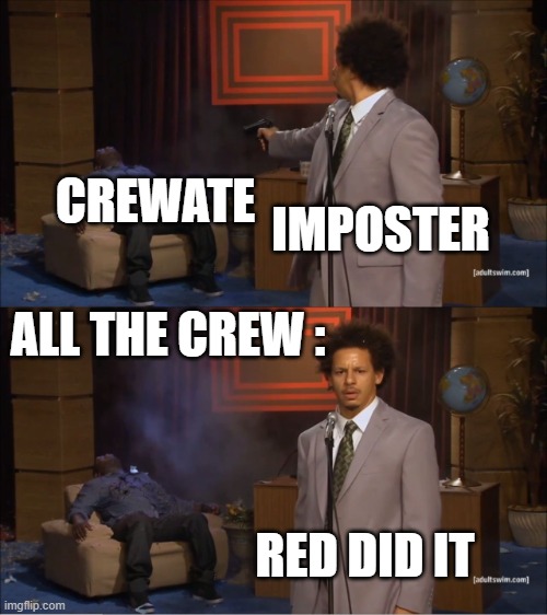 stop blaming red for its color | CREWATE; IMPOSTER; ALL THE CREW :; RED DID IT | image tagged in memes,who killed hannibal,among us,red did it | made w/ Imgflip meme maker