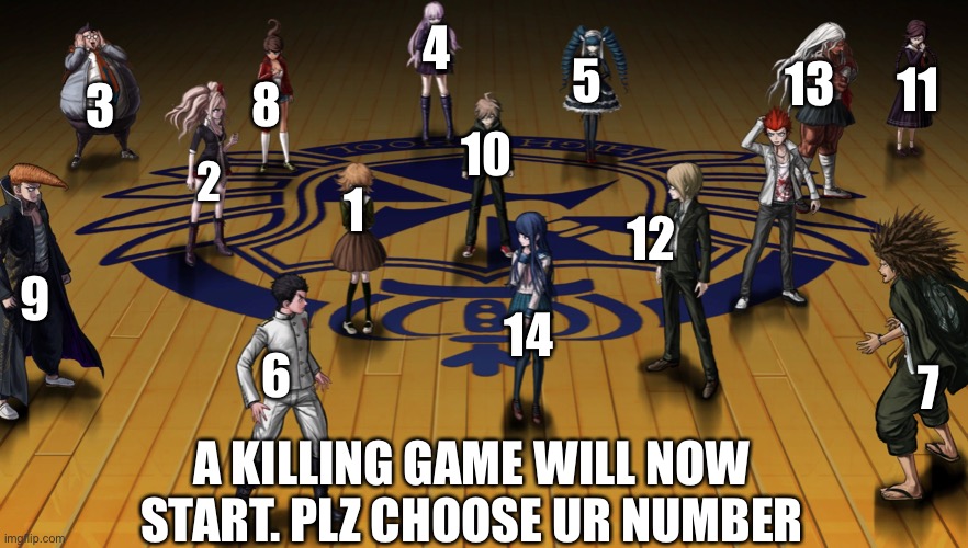 And I’m already Leon soo yuh
(2 is taken) (8 and 1 are taken) (6, 10, 14, and 13 are taken) (7 and 3 are taken) | 4; 5; 10; 11; 13; 8; 3; 2; 1; 12; 9; 14; 6; 7; A KILLING GAME WILL NOW START. PLZ CHOOSE UR NUMBER | made w/ Imgflip meme maker