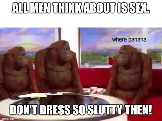 Monkey where | ALL MEN THINK ABOUT IS SEX. DON’T DRESS SO SLUTTY THEN! | image tagged in monkey where | made w/ Imgflip meme maker