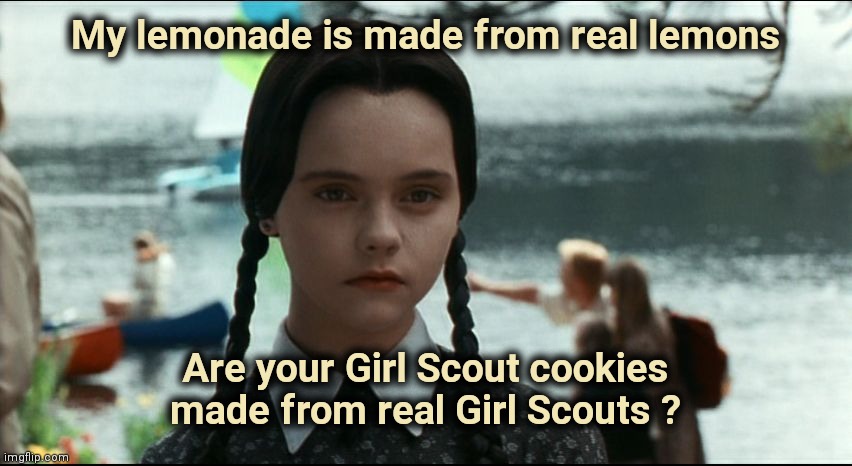 Wednesday Addams | My lemonade is made from real lemons Are your Girl Scout cookies made from real Girl Scouts ? | image tagged in wednesday addams | made w/ Imgflip meme maker