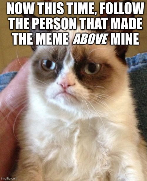 Up ? | NOW THIS TIME, FOLLOW THE PERSON THAT MADE THE MEME                MINE; ABOVE | image tagged in memes,grumpy cat | made w/ Imgflip meme maker