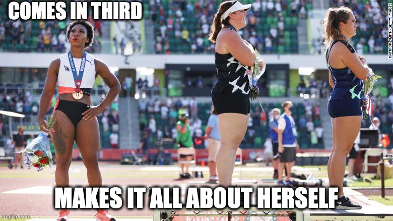 Olympic shame | COMES IN THIRD; MAKES IT ALL ABOUT HERSELF | image tagged in gwen berry,olympics,national anthem | made w/ Imgflip meme maker
