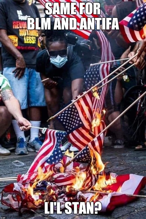 Flag Burners | SAME FOR BLM AND ANTIFA LI'L STAN? | image tagged in flag burners | made w/ Imgflip meme maker