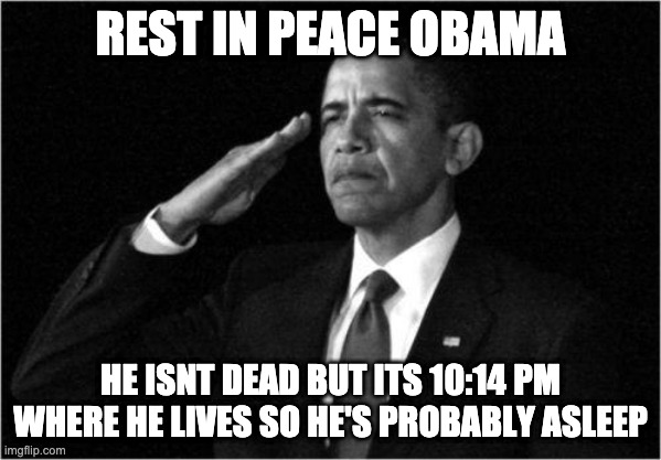 obama-salute | REST IN PEACE OBAMA; HE ISNT DEAD BUT ITS 10:14 PM WHERE HE LIVES SO HE'S PROBABLY ASLEEP | image tagged in obama-salute | made w/ Imgflip meme maker