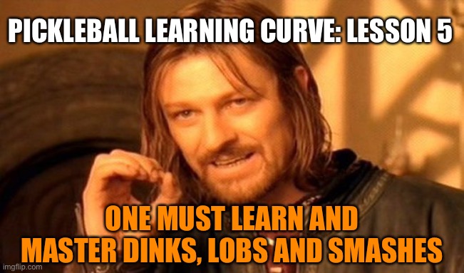 One Does Not Simply | PICKLEBALL LEARNING CURVE: LESSON 5; ONE MUST LEARN AND MASTER DINKS, LOBS AND SMASHES | image tagged in memes,one does not simply | made w/ Imgflip meme maker
