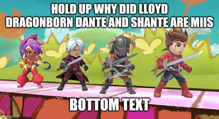 Lloyd DragonBorn Dante Shantae are miis | HOLD UP WHY DID LLOYD DRAGONBORN DANTE AND SHANTE ARE MIIS; BOTTOM TEXT | image tagged in memes,super smash bros,dante | made w/ Imgflip meme maker